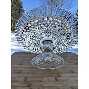 VTG Fenton Glass Clear Hobnail Pressed Footed Cake Stand 12-3/8” Ruffled Edge